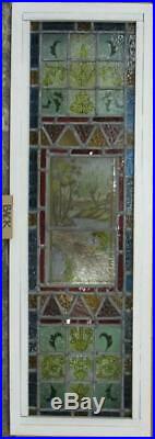 VICTORIAN ENGLISH LEADED STAINED GLASS WINDOW Hand Painted Scene 13.75 x 42
