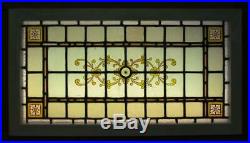VICTORIAN ENGLISH LEADED STAINED GLASS WINDOW Hand Painted Transom 35 x 19