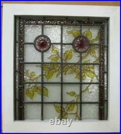 VICTORIAN ENGLISH LEADED STAINED GLASS WINDOW Hand Painted Vines 18.75 x 20.5