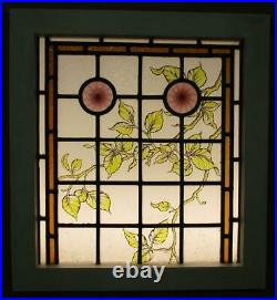 VICTORIAN ENGLISH LEADED STAINED GLASS WINDOW Hand Painted Vines 18.75 x 20.5
