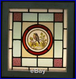VICTORIAN ENGLISH LEADED STAINED GLASS WINDOW Lovely Hand Painted Bird 17' x 18