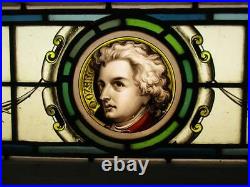 VICTORIAN ENGLISH LEADED STAINED GLASS WINDOW Mozart Hand Painted 35.5 x 10