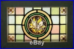 VICTORIAN ENGLISH LEAD STAINED GLASS WINDOW Hand Painted Calla Lilies 17 x 11