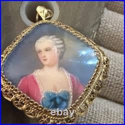 VICTORIAN HAND Painted MINIATURE Portrait GOLD Gilt 800 Silver Pendant Brooch