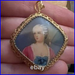 VICTORIAN HAND Painted MINIATURE Portrait GOLD Gilt 800 Silver Pendant Brooch