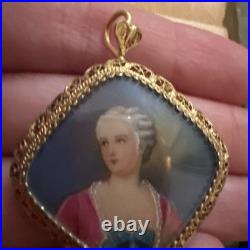 VICTORIAN HAND Painted MINIATURE Portrait GOLD Gilt 800 Silver Pendant Brooch