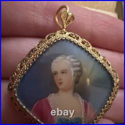 VICTORIAN HAND Painted MINIATURE Portrait GOLD Gilt 800 Silver Pendant Brooch