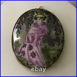 VICTORIAN Hand-Painted Portrait of Oriental Lady Porcelain Brooch/Pendant 2-3/8