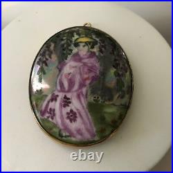 VICTORIAN Hand-Painted Portrait of Oriental Lady Porcelain Brooch/Pendant 2-3/8