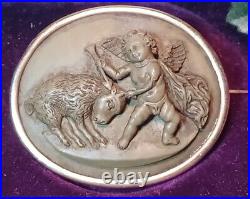 VICTORIAN LAVA CAMEO BROOCH 14k Gold ANGEL CUPID Euros And The Donkey Myhyologic