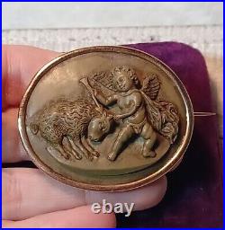VICTORIAN LAVA CAMEO BROOCH 14k Gold ANGEL CUPID Euros And The Donkey Myhyologic