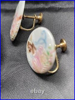 VICTORIAN Oval HAND-PAINTED Porcelain Woman PIN/BROOCH & EARRINGS