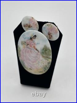 VICTORIAN Oval HAND-PAINTED Porcelain Woman PIN/BROOCH & EARRINGS