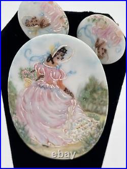 VICTORIAN Oval HAND-PAINTED Porcelain Woman PIN/BROOCH & EARRINGS