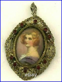 VICTORIAN STR SILVER VERMEIL and RUBY YOUNG LADY HAND PAINTED BROOCH /PENDANT