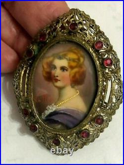 VICTORIAN STR SILVER VERMEIL and RUBY YOUNG LADY HAND PAINTED BROOCH /PENDANT