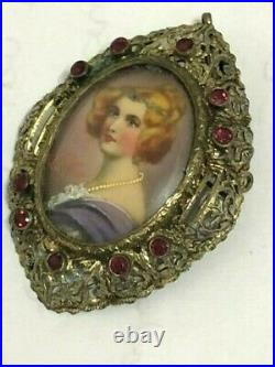 VICTORIAN STR SILVER VERMEIL and RUBY YOUNG LADY HAND PAINTED BROOCH /PENDANT