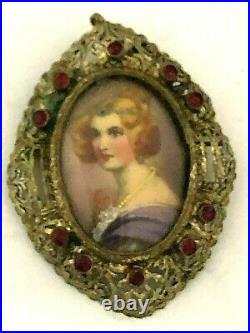 VICTORIAN STR SILVER VERMEIL and RUBY YOUNG LADY HAND PAINTED BROOCH /PENDANT