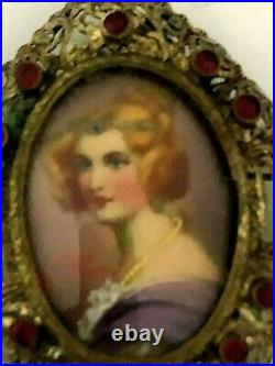 VICTORIAN STR SILVER VERMEIL and RUBY YOUNG LADY HAND PAINTED BROOCH /PENDANT