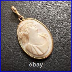 VINTAGE ANTIQUE 10k YELOW GOLD HAND CARVED CAMEO SHELL PENDANT VICTORIAN LADY
