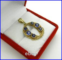 VINTAGE HAND MADE VICTORIAN FILIGREE SAPPHIRE CHARM PENDANT in 14k GOLD