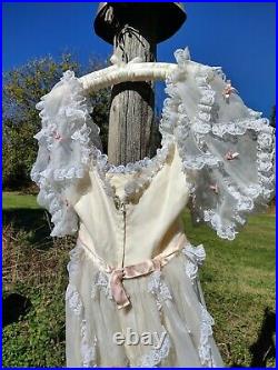 VINTAGE Hand Made Pink Ruffles Baby Doll Victorian Puff Sleeve Dress XS/S Pastel