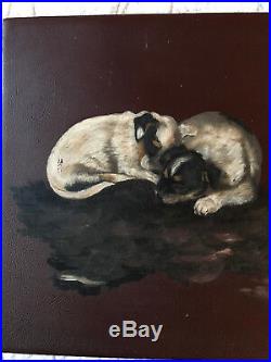 VINTAGE Victorian antique puppies hand painted original oil PAINTING dog animal