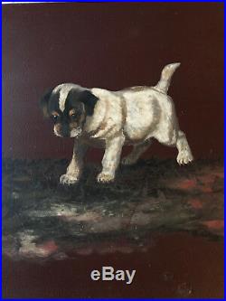VINTAGE Victorian antique puppies hand painted original oil PAINTING dog animal