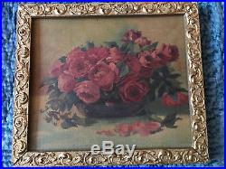 VINTAGE Victorian antique rose flower floral hand painted original oil PAINTING