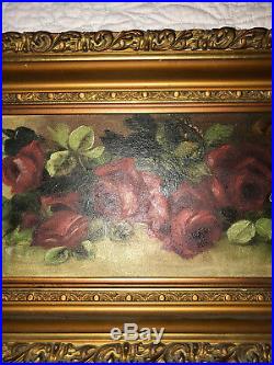VINTAGE Victorian antique rose hand painted original oil PAINTING floral flower