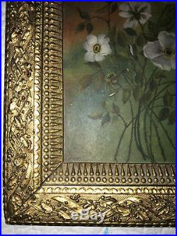 VINTAGE Victorian antique wild rose hand painted original oil PAINTING flower