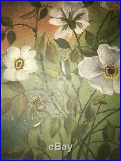 VINTAGE Victorian antique wild rose hand painted original oil PAINTING flower