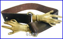 VTG 1970s Georges Mailian Brass Victorian Clasping Hands Belt Brown Leather S