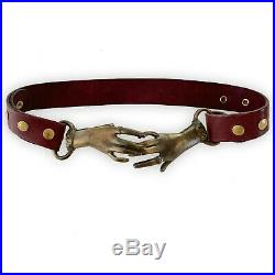 VTG 1970s LEATHER brass Victorian Clasping Hands snap adjustable belt DEFECT