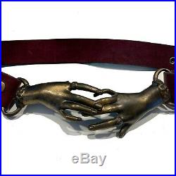 VTG 1970s LEATHER brass Victorian Clasping Hands snap adjustable belt DEFECT