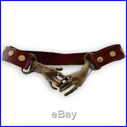 VTG 1970s LEATHER brass Victorian Clasping Hands snap adjustable belt DEFECT