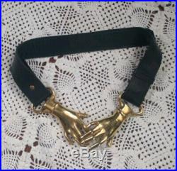 VTG 70's Rare Victorian Style Brass Clasped Hands Buckle Black Leather Belt