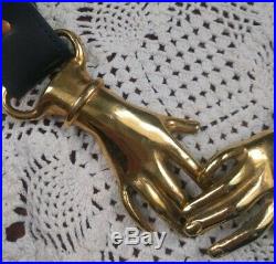 VTG 70's Rare Victorian Style Brass Clasped Hands Buckle Black Leather Belt