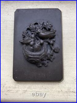 VTG Gutta Percha Plaque Birds Nest Hand Carved Victorian Belt/Box Part Antique