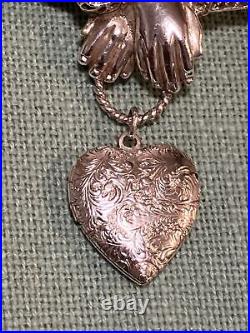 VTG Victorian Revival Silver Tone Filigree Crossed Hand Heart Locket Brooch Pin