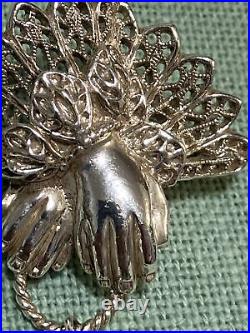 VTG Victorian Revival Silver Tone Filigree Crossed Hand Heart Locket Brooch Pin