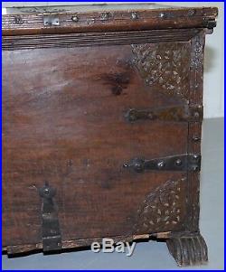 Very Rare 17th Century Walnut Spanish Chest Or Trunk Hand Carved Iron Bound Lock