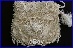 Very Rare French Antique Silk Hand Made Cotton Lace Victorian Purse 8 X 8