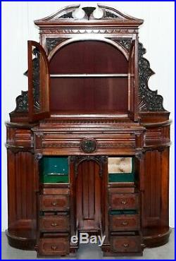 Very Rare Hand Carved Walnut Victorian Cabinet With Drawers Cupboards 188cm Tall