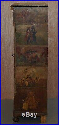 Very Rare Hand Painted Austrian Circa 1820 Small Linen Closed Cupboard Cats Dogs