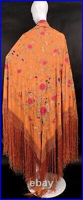 Vibrant Orange 19th C Chinese Canton Shawl W Rich Hand Embroidered Florals