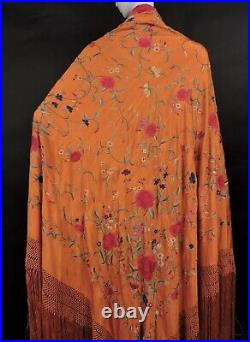 Vibrant Orange 19th C Chinese Canton Shawl W Rich Hand Embroidered Florals