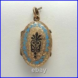 Victorian14K GF Hand Engraved Enamel Mourning Double Photo Locket Charm Pendant