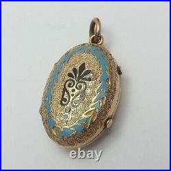 Victorian14K GF Hand Engraved Enamel Mourning Double Photo Locket Charm Pendant