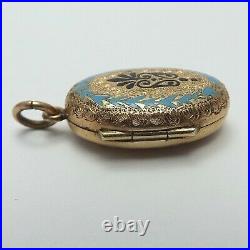 Victorian14K GF Hand Engraved Enamel Mourning Double Photo Locket Charm Pendant